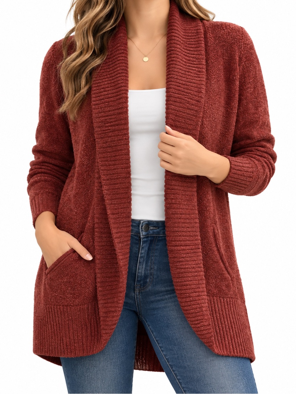 Cozy Open-Front Rust Cardigan Sweater